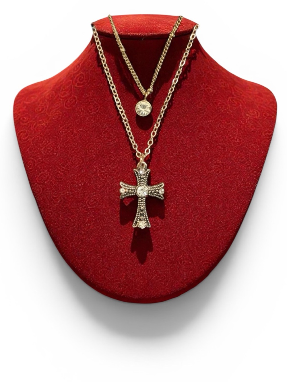 Gold Layered Sparkling Cross Pendant Necklace & Crystal Solitaire. NWT